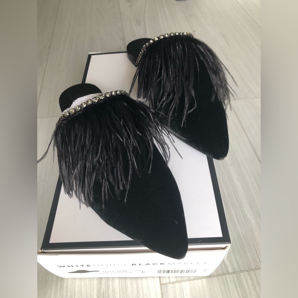 White House Black Market Black Blair Feather and Velvet Slide Mules